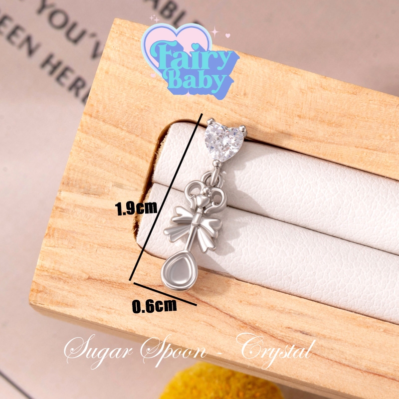 Fairybaby จิว Sugar Spoon - Crystal ( 1 ชิ้น ) แป้นแบน จิวหู รูปหัวใจ สีขาว ตุ้งติ้ง รูปโบว์  หนา 0.8 ยาว 6 mm (J3-146)