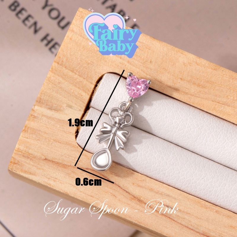 Fairybaby จิว Sugar Spoon - Pink ( 1 ชิ้น ) แป้นแบน จิวหู รูปหัวใจ ห้อยตุ้งติ้ง รูปโบว์ ชมพู หนา 0.8 ยาว 6 mm (J3-148)