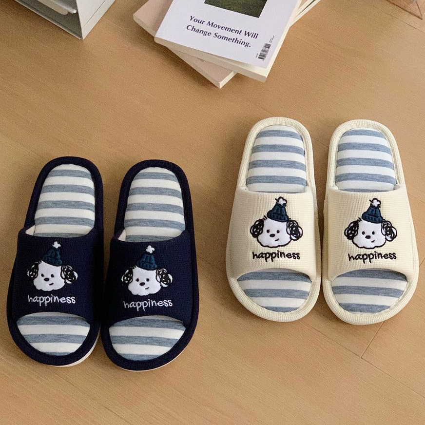 🔆ใหม่🔆(SH-1-35) รองเท้าสลิปเปอร์หน้าหมาHappiness รองเท้าผ้าใส่เดินในบ้าน พื้นกันลื่น ชายและหญิง
