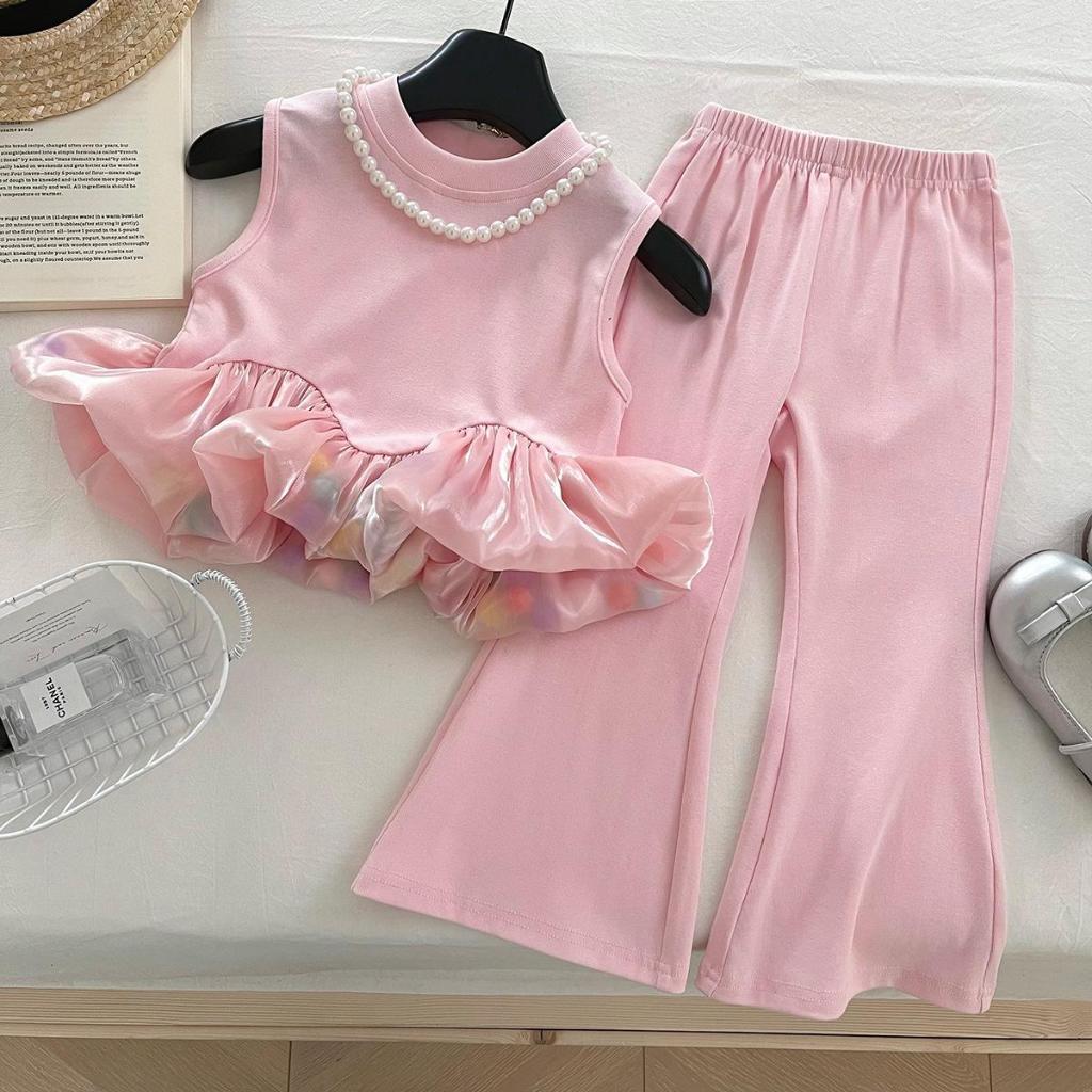 B461 ชุดเซ็ทเด็กผู้หญิงสีชมพู กางเกง+เสื้อ+สร้อย