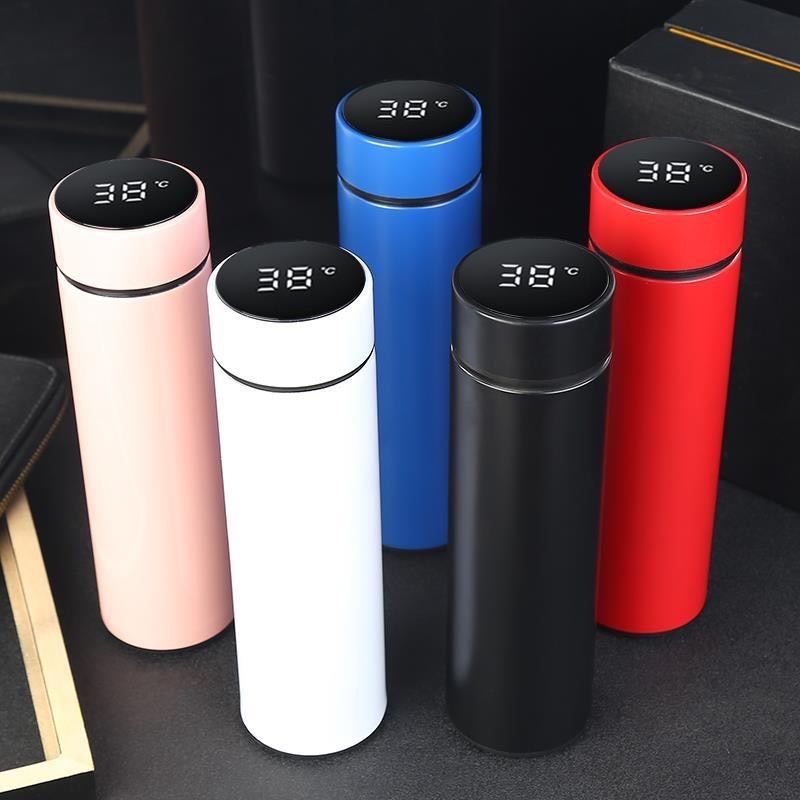 ขวดวัดอุณหภูมิกระบอกน้ำสุญญากาศแสดงตัวเลขอุณหภูมิ500ML แก้วเก็บร้อน-เย็น ขวดน้ำสั่งทำโลโก้ได้ kw777