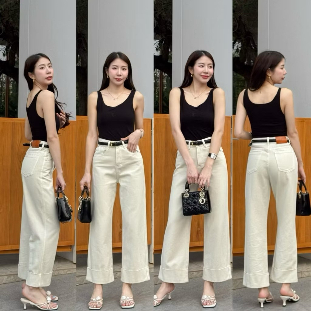 Used ป้าย Ploy PP8916 กางเกงยีนส์ขายาวสีขาวปลายขาพับ (ผ้าไม่ยืด)