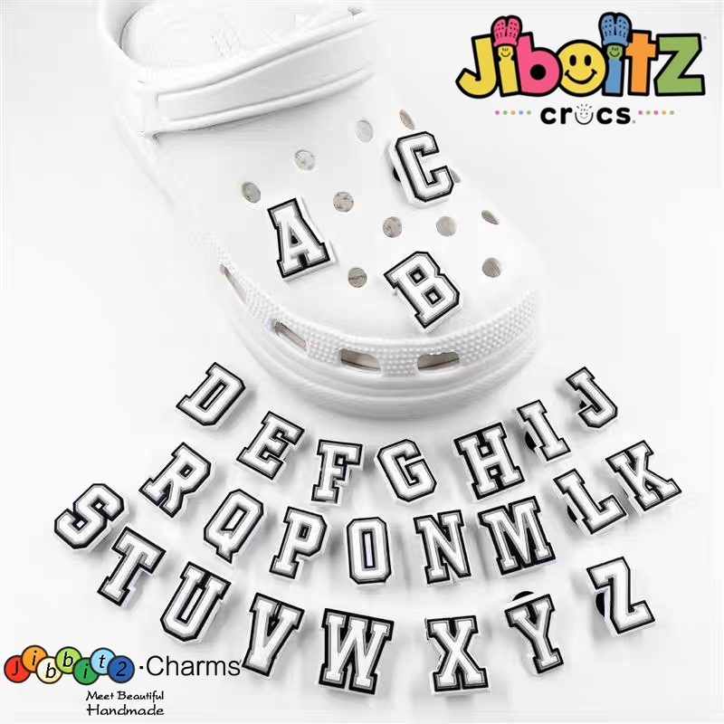 พร้อมส่ง ตัวติดรองเท้า DIY ตัวอักษรA-Z จิ๊บบิท สีขาวขอบดำ น่ารักมาก jibbitz Crocs ติดได้ตามใจชอบ
