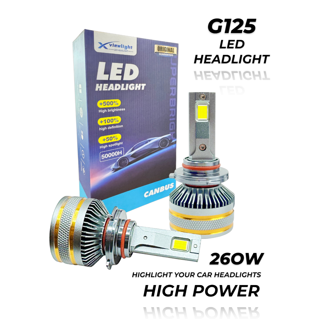 หลอดไฟหน้า LED รถยนต์ G125 พลังสูง 260W 60,000LM แสงขาว 6500K รองรับรถยนต์ 12V ทุกรุ่น