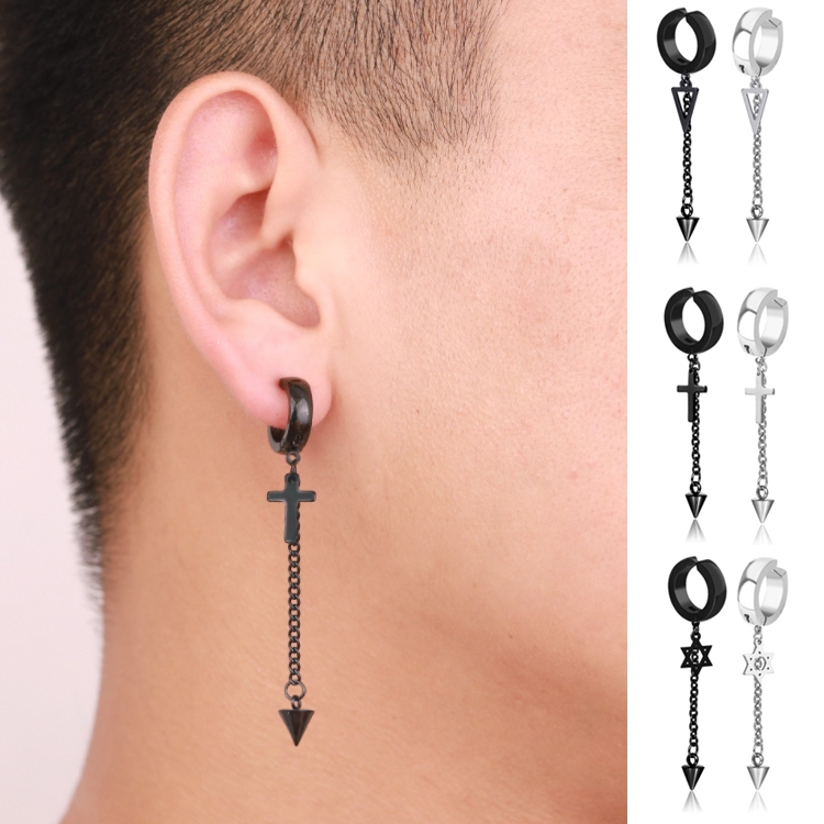 ต่างหู  ตุ้มหู จิว แบบหนีบ แบบเจาะ Cross Huggie Stud Earrings for Men Stainless Steel  Earing Punk M
