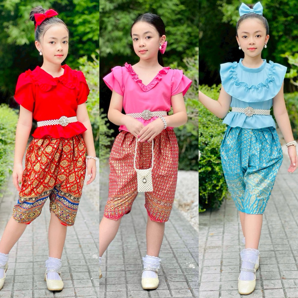(Ka) ชุดไทยเด็กประยุกต์ เสื้อคอปกระบาย+โจงกระเบนผ้าพิมพ์ทองลายไทย