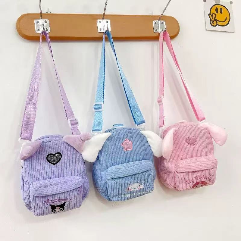 J2B3～กระเป๋าถือ กระเป๋าสะพายไหล่ ผ้าลูกฟูก ปักลายการ์ตูน Kuromi My Melody Cinnamoroll น่ารัก มีซิป แฟชั่นเรียบง่าย สําหร