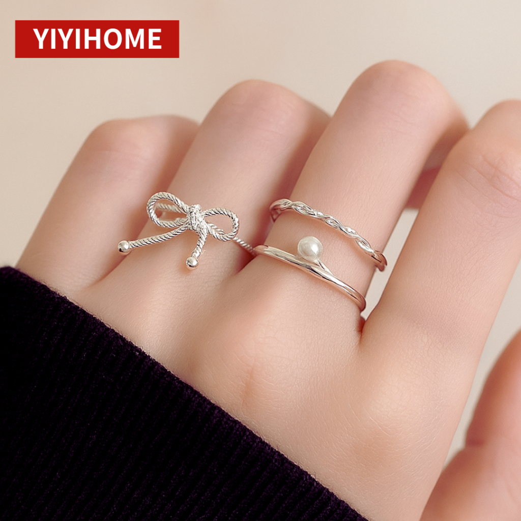 ⚡️พร้อมส่ง⚡️ แหวนผู้หญิง 3 ชิ้น เซตโบว์มุก สีเงิน ปรับขนาดได้ สไตล์เกาหลี แฟชั่นหรูหรา ไฮเอนด์