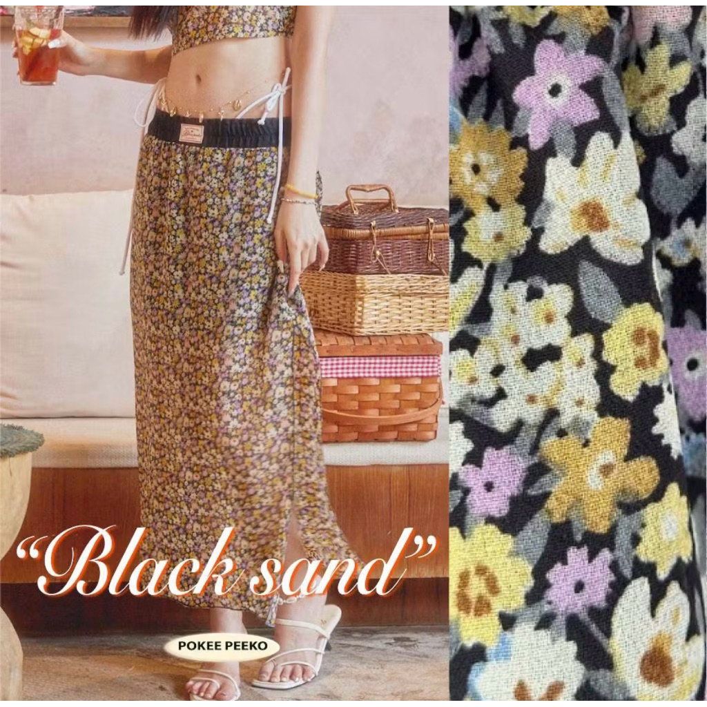 พร้อมส่ง 🏖️ Pokee Peeko - aloha skirt black sand size M กระโปรง ลายดอกไม้