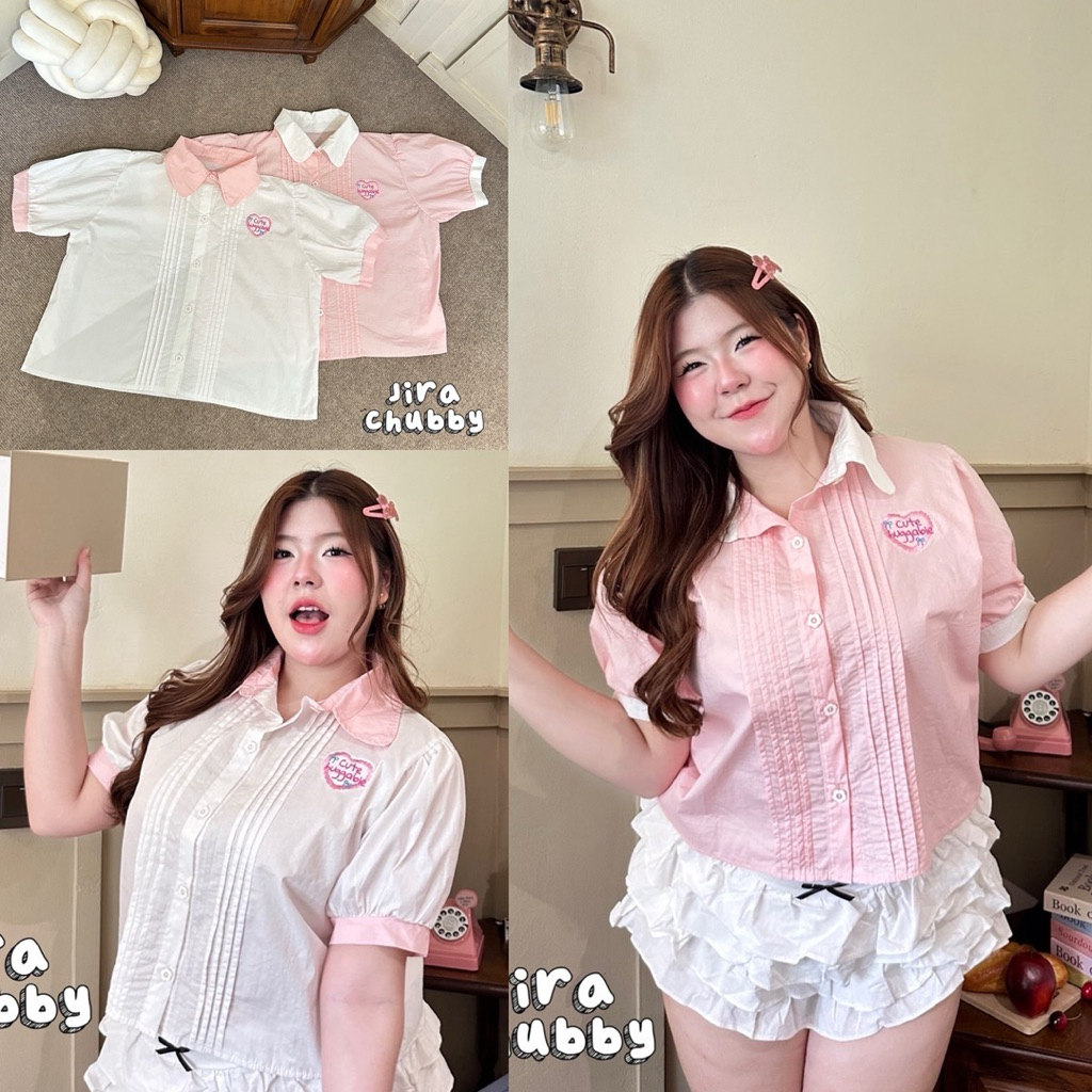 /JR/ เสื้อเชิ้ตสาวอวบ ไซส์อก38-50 คอปกและปลายแขนสลับสี ตีเกล็ดช่วงตัว ปักหัวใจ cute huggable #เสื้อไซส์ใหญ่ พลัสไซส์
