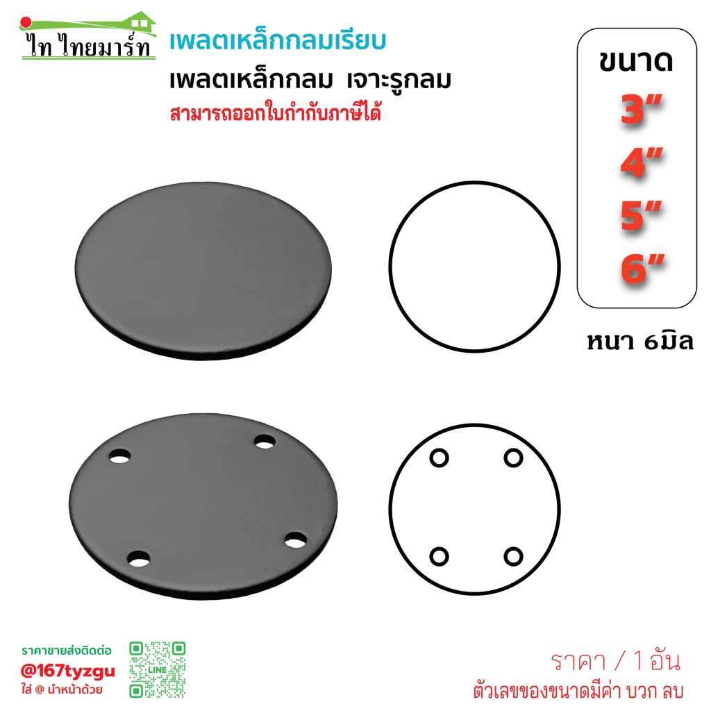 SC เพลตกลมเจาะรูกลม 4นิ้ว/ 5นิ้ว/ 6นิ้ว/ 8นิ้ว หนา 6มม. ฐานรองเสา แผ่นเพลตเหล็ก