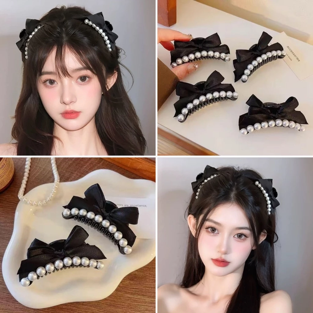 พร้อมส่ง!🇹🇭 ราคา/คู่ กิ๊บโบว์ผ้าประดับมุก รุ่น Pearl Bow โบว์สีดำมุก สไตล์ลูกคุณหนู เนื้องานเกาหลี เกรดพรีเมี่ยม คุณภาพ
