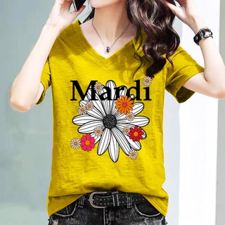 M-6XL เสื้อยืดแฟชั่นเกาหลี ดอกไม้ คอวีT-shirt Flower for wom…