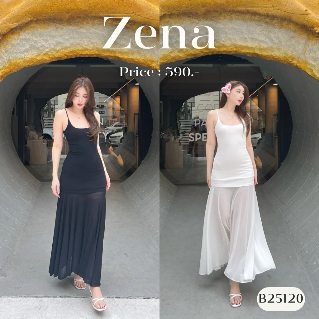 B25120 l ZENA เดรสรสยาวสายเดี่ยว ผ้าเรย่อน ชายกระโปรงซีทรู มีซับใน [ซื้อครบ 1,000 แถมเครื่องประดับ]
