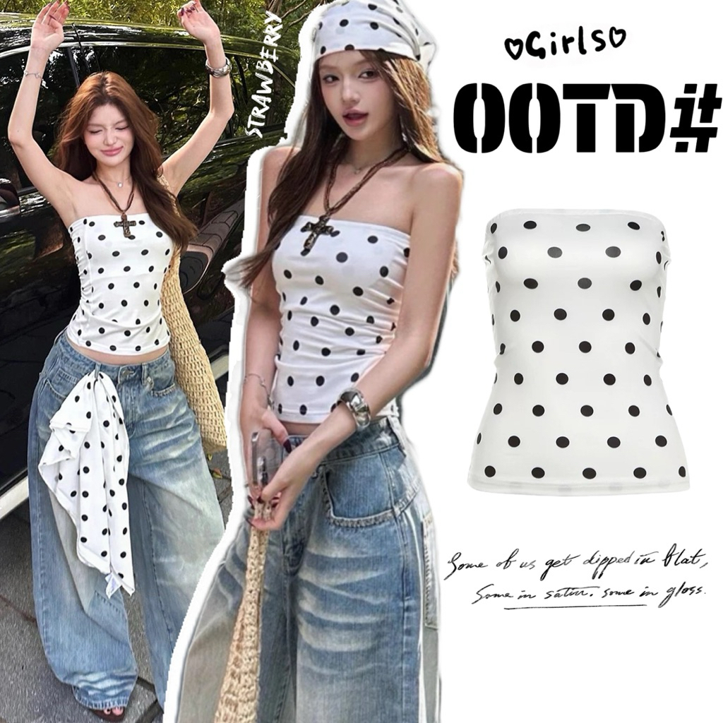 STR พร้อมส่ง🍼✨ เสื้อกล้ามผู้หญิง เกาะอกลายจุด Polkadot แขนกุด ดีไซน์เก๋ไก้และเซ็กซี่ เสื้อครอป ทรงรัดรูป สไตล์อเมริกัน