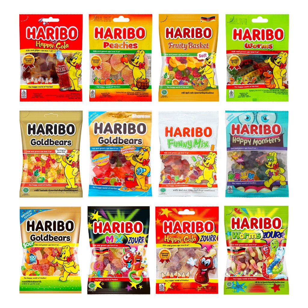 Haribo 80g เยลลี่รวมรส Goldbears, Happy Cola, Peaches, Worms, Zourr หมี หนอน ผลไม้ แฮริโบะ นำเข้า