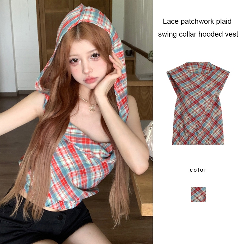 เสื้อกล้ามสไตล์ย้อนยุคสไตล์อเมริกัน เสื้อกั๊กคอวีลายตารางหมากรุกสีแดง เสื้อฮู้ดแขนกุดสไตล์สาวฮอต-MTY