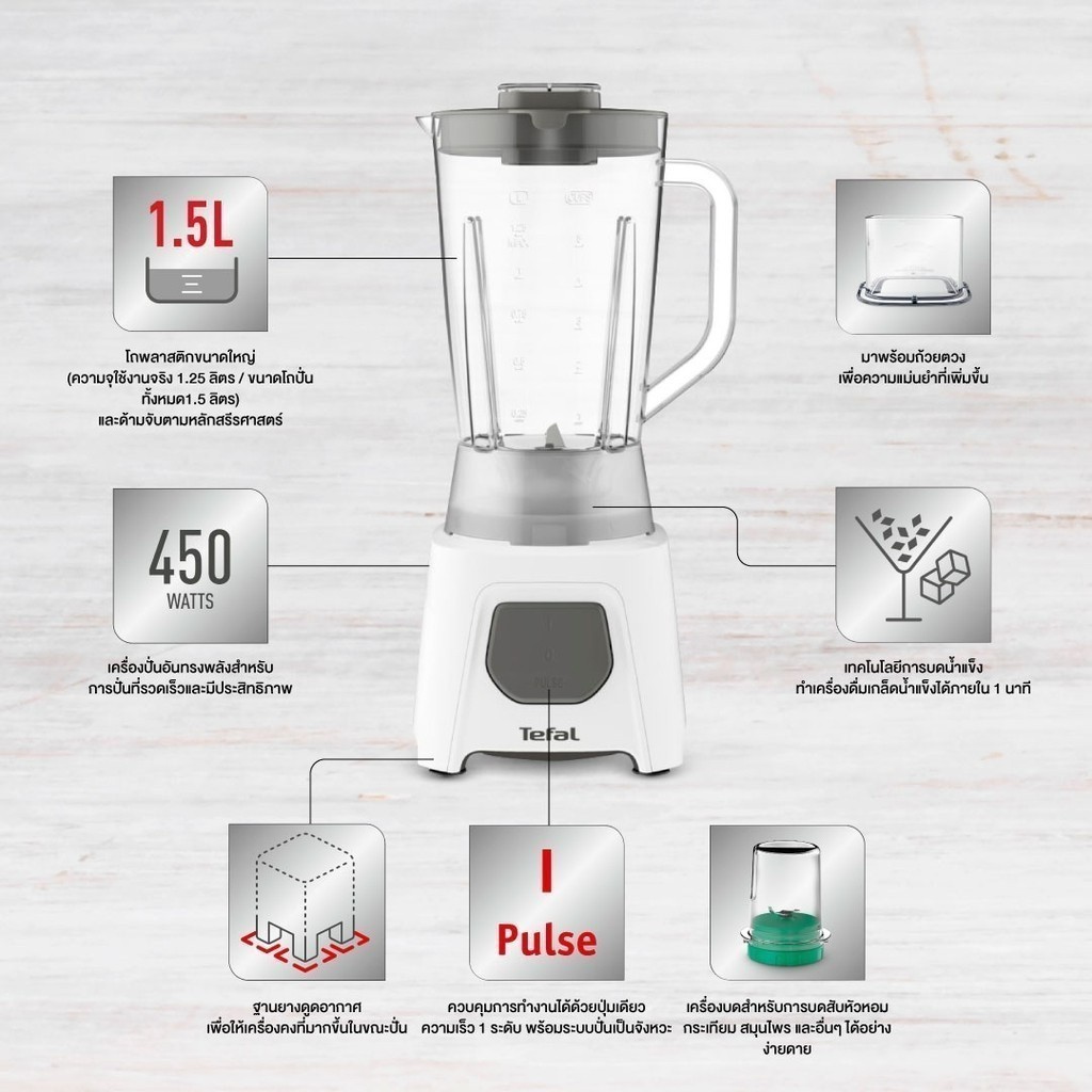 Tefal เครื่องปั่น BLENDEO+ รุ่น BL2B1166,BL2C1166 กำลังไฟ 450W โถปั่น 1.5 ลิตร + โถบดสับ ใบมีดสแตนเลส