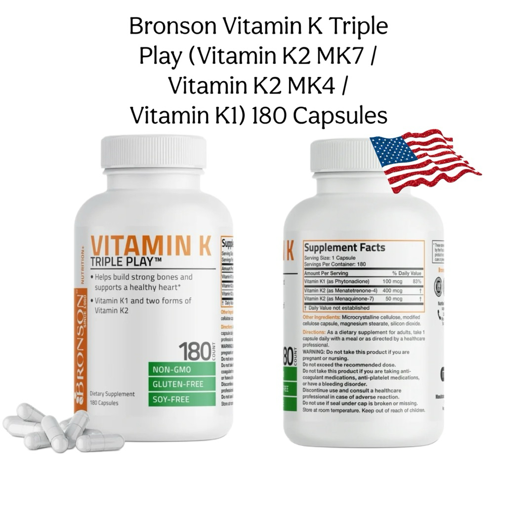 Bronson Vitamin K Triple Play (Vitamin K2 MK7 / Vitamin K2 MK4 / Vitamin K1) 180 Capsules