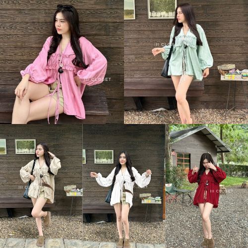 เสื้อแขนยาวผูกหน้า lll Freesize lll MR021 แต่งระบายหน้าอก ปลายแขนจั๊ม ผ้าคอตตอน ใส่สบาย