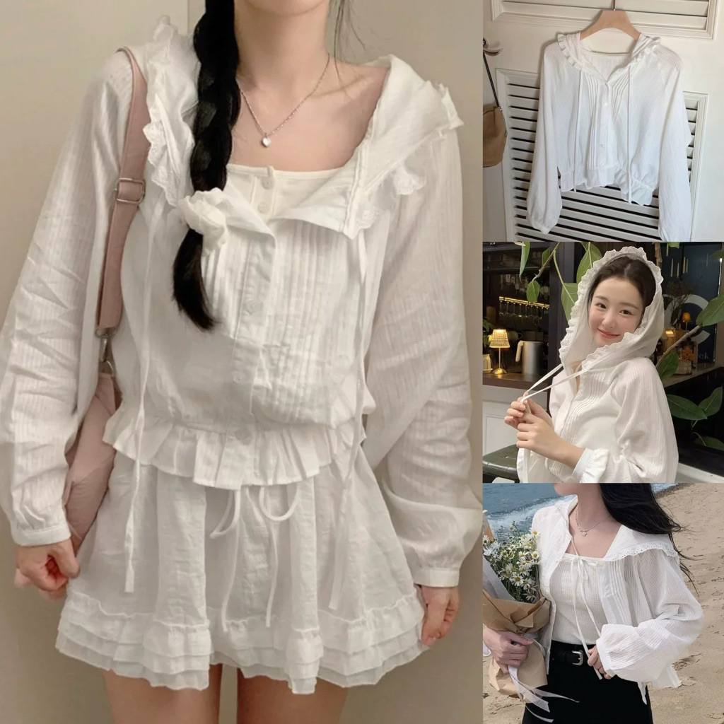 Somedays l 🇰🇷Eunbi Hoodie ฮู้ดขาวงานทำส่งเกาหลี ผ้าเชิ้ตบางใส่สบาย ให้ฟีลลูกคุณหนู