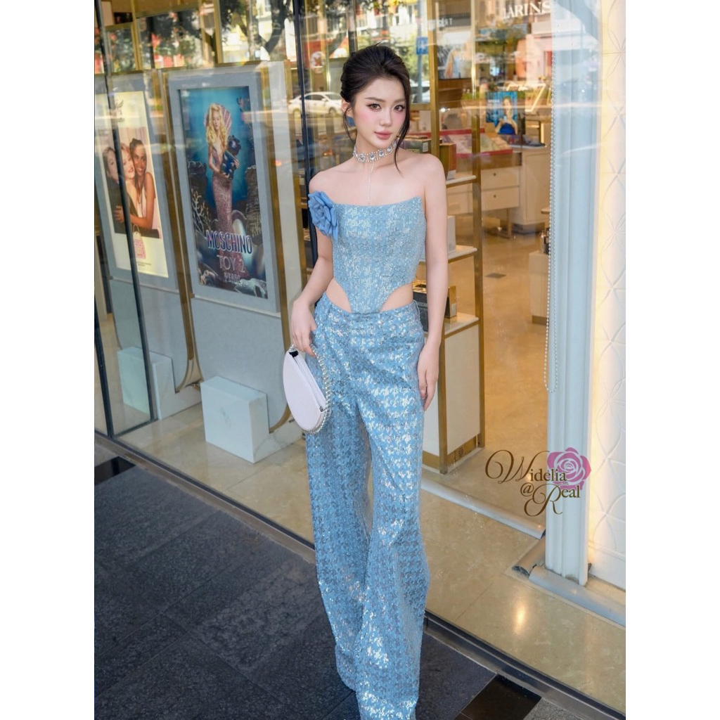 M9 Widelia@Real Set ชุดเซ็ท ยีนส์ปักเลื่อม เสื้อเกาะอก+กางเกงขายาว+เข็มกลัดดอกไม้ สำหรับผู้หญิง เสื้