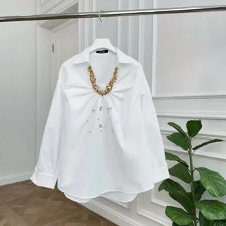 พร้อมส่ง‼️ GMG(01) เสื้อเชิ้ตแขนยาว ผ้าคอตตอน ทรงเสื้อคอปก ดีเทลปักเลื่อมสีทองใส เรียงเป็นลวดลายโค้ง