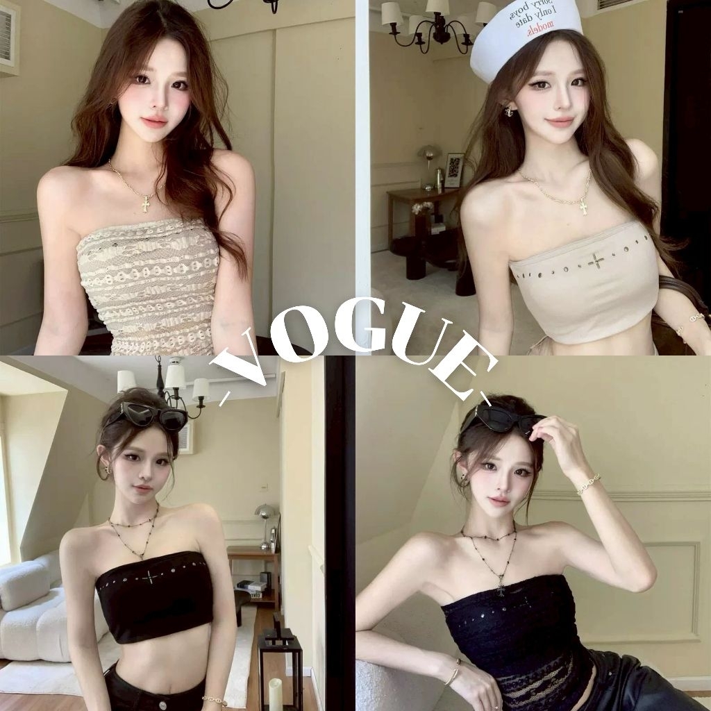 Vogue🌟พร้อมส่ง🌟 เสื้อเกาะอกสั้นและยาว สีพื้น ยืดพอดีตัว (FY928/FY929)