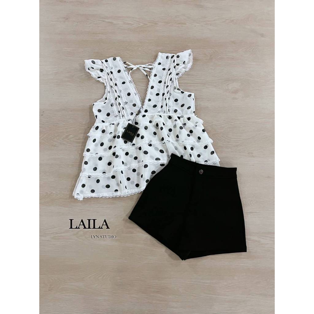 ❥ S-XL ชุดเซ็ท เสื้อชีฟอง + กางเกงขาสั้น สีขาวดำ ลายจุด งานป้าย Laila ชุดเซตน่ารัก ชุดไปคาเฟ่ - รูปที่ 4