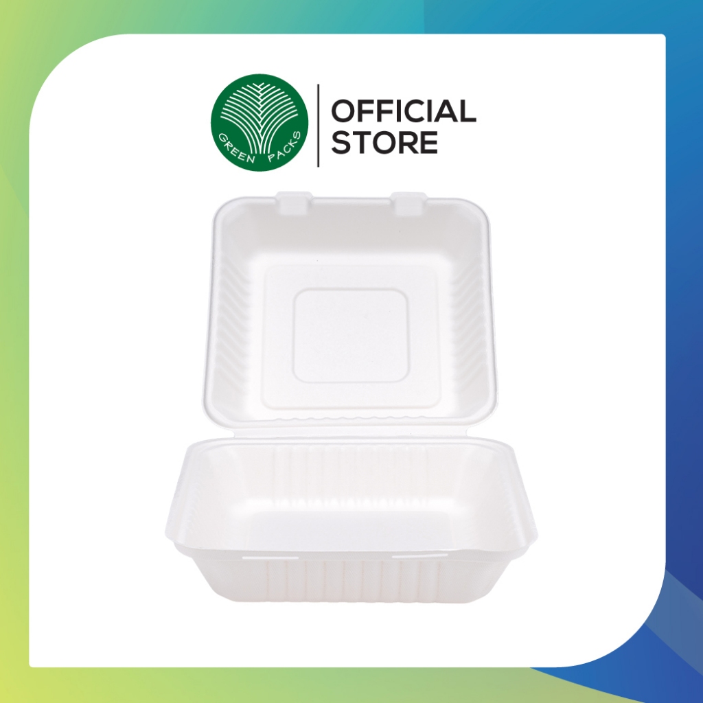 (ยกลัง) กล่องชานอ้อย 9x9 นิ้ว 1 ช่อง กล่องใส่อาหาร แพ็ค 250 ชิ้น/ลัง Greenpacks ข้าไมโครเวฟได้ ย่อยสลายง่าย