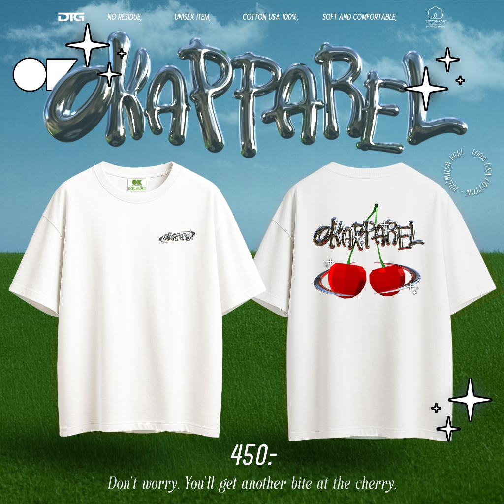 OK Apparel เสื้อยืดคอกลมแขนสั้น ลาย OK Cherry Oversize Cotton ⚡️USAคุ้มสุด!