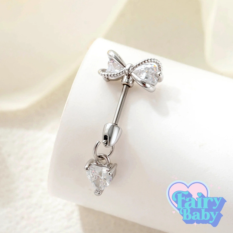 Fairybaby จิว White Bow Vertical ( 1 ชิ้น) แป้นแบน จิวตุ้มหู ทรงยาว ดีไซน์สวย รูป โบว์ ห้อยตุ้งติ้ง  0.8 (J3-154)