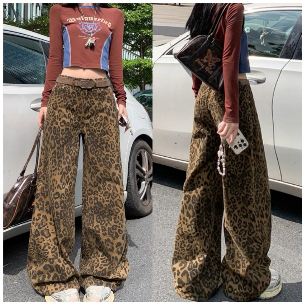 กางเกงยีนส์ผู้หญิง ลายเสือดาว ทรงตรง ทรงหลวม ทรงเข้ารูป ลำลอง มีกระเป๋าข้าง ดีไซน์กระดุมที่เอว