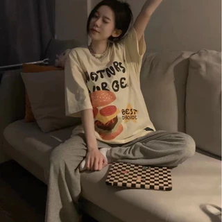 ชุดนอนแขนสั้น ลาย ชุดนอนลายกาตูน ชุดนอนพิมพ์ลายการ์ตูน เสื้อยืดคอกลม+กางเกง BE