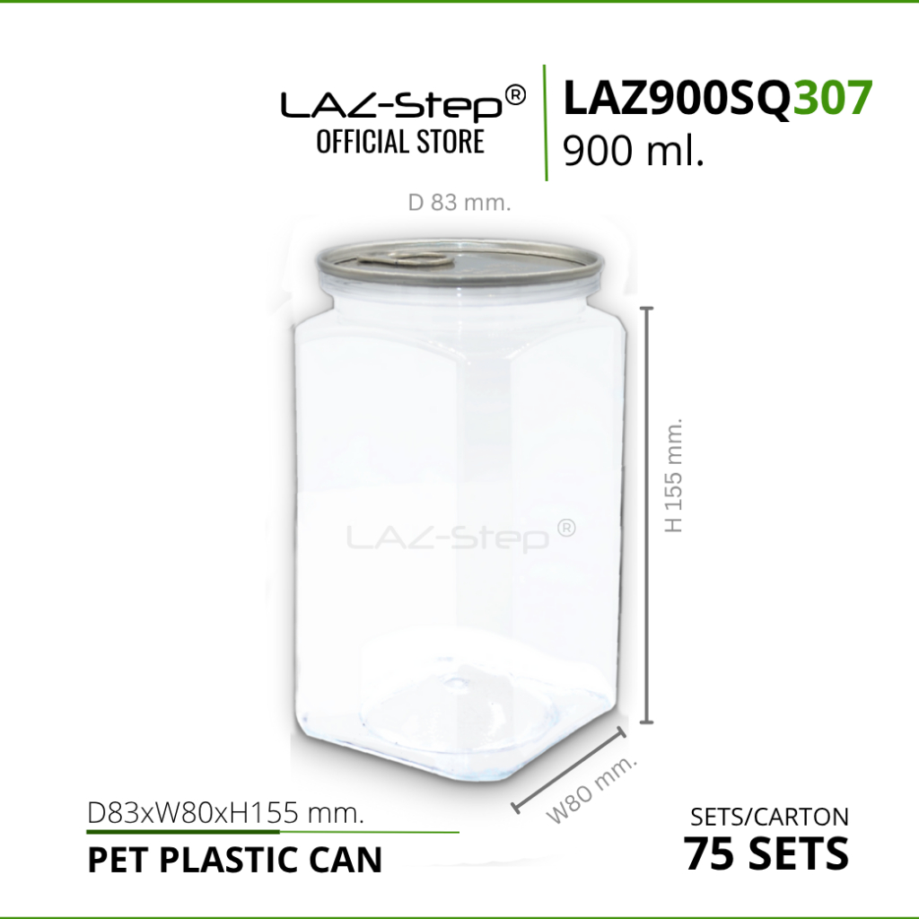 LAZ-Step กระป๋องพลาสติกฝาดึง PET CANS  LAZ900SQ307 ขนาด 900 ml. บรรจุลังละ 75 ชุด ต้องปิดด้วยเครื่องปิดฝากระป๋อง
