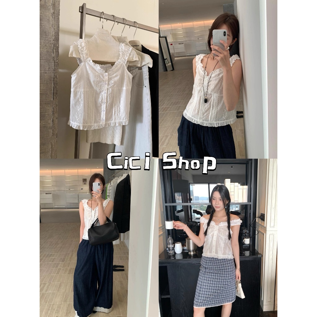 Cicishop(Y6332) เสื้อแต่งลูกไม้ลายฉลุสายเดี่ยว ผ้าฝ้าย ตรงหลังยืดได้ กระดุมแกะได้ สไตล์ใหม่