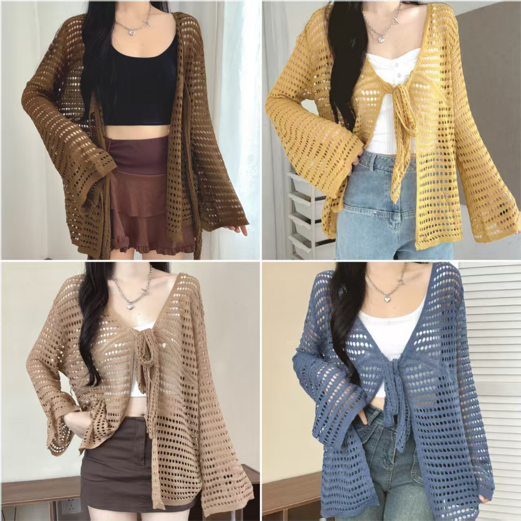 เสื้อแขนยาว เสื้อคลุมผ้าไหมพรมใส่คลุมกันแดด เสือตาข่าย  แต่งเชือกผูกหน้า แฟชั่นผู้หญิง น้าน่ารักมาก