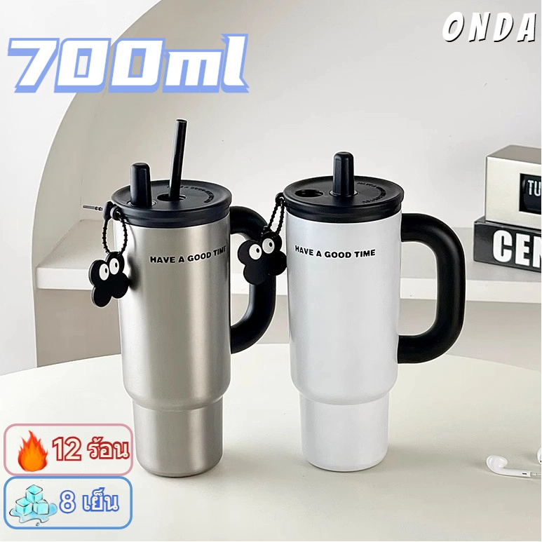 【ONDA】（COD)แก้วเก็บความเย็นมีมือจับ ขนาดพอดี700ml แก้ว เก็บเย็นสแตนเลส316 ขนาดมีหลอดดูด ดีไซน์สวยงาม
