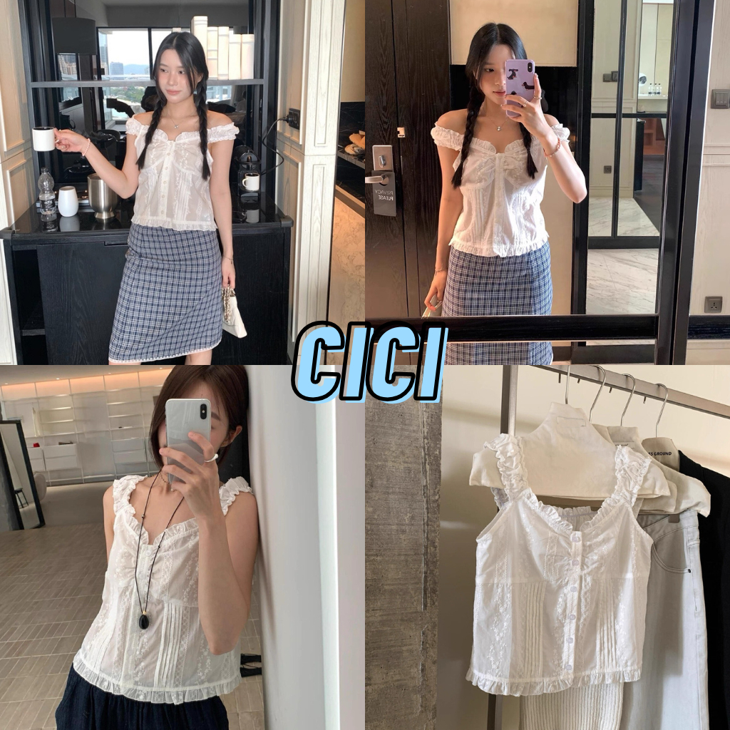 ส่งทันที Cici(NO. Y6332) เสื้อแต่งลูกไม้ลายฉลุสายเดี่ยว ผ้าฝ้าย ตรงหลังยืดได้ กระดุมแกะได้ สไตล์ใหม่