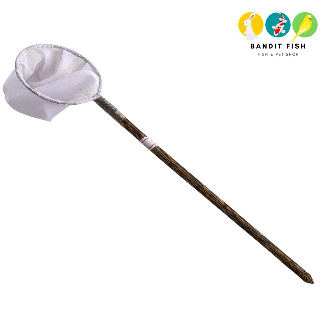 กระชอนตักปลากัด ผ้าชีฟอง สีขาว ด้ามไม้ตาล