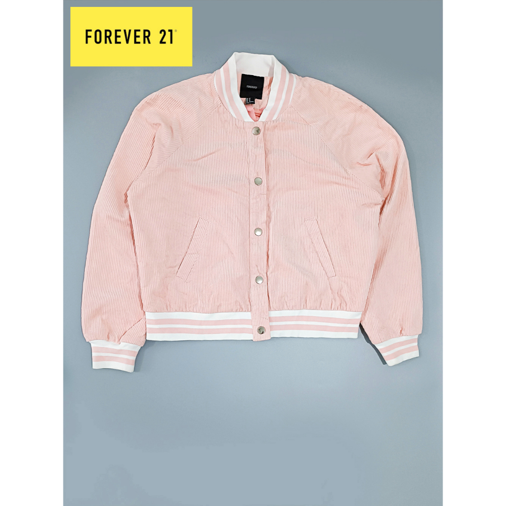 FOREVER 21 เสื้อแจ็กเก็ตสีชมพู ผ้าลูกฟูก Varsity Jacket (รอบอก  44") (มือ2) ของแท้