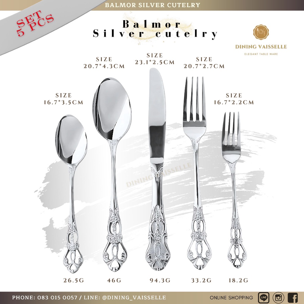 Dining Vaisselle - Balmor Silver Cutlery ช้อน ส้อม มีด ช้อนขนม และส้อมขนม ชุดสแตนเลสสุดหรู