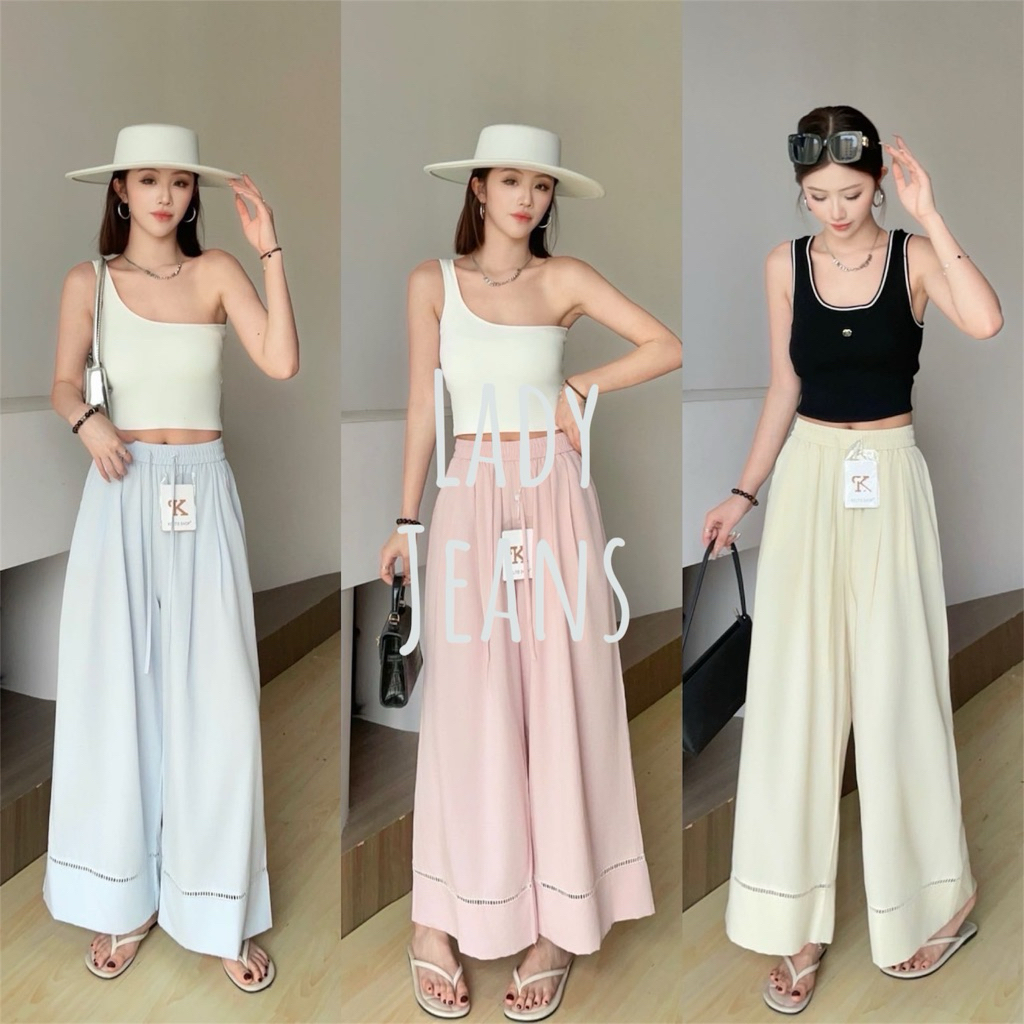 Lady_jeans#9320(K)พร้อมส่ง📍กางเกงผ้าฝ้ายเอวสม็อค ทรงขาบาน ใส่สบาย (มี 6 สี) | กางเกงขายาวผู้หญิง