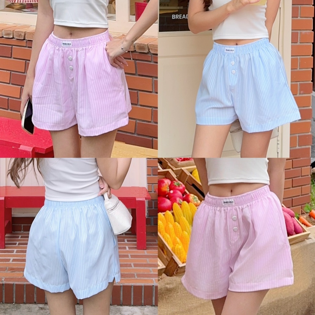BABEJUB.X l LENA SHORTS กางเกงขาสั้นลายทาง ดีเทลกระดุมหัวใจ น่ารักมากก ผ้าไม่บาง