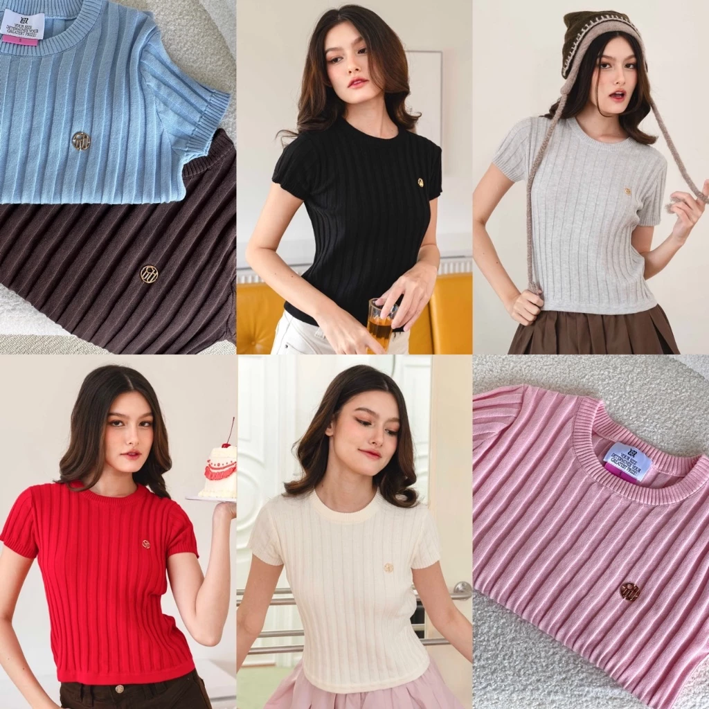 CHUUCHOP - (S-2XL) Clair Knit Top เสื้อไหมพรมแขนสั้น ผ้าร่อง(C8371)