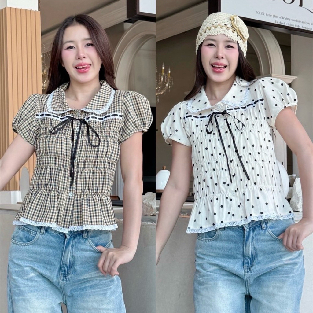 Mamildya.shop เสื้อเชิ้ตฃคอปก งานแขนพองสม็อคยืดทั้งตัว/ J1-3/COOK-ม๊อคร้อย