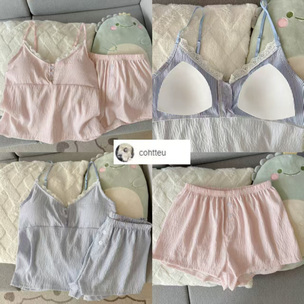 (ส่งทันทีส่งจากประเทศไทย）พร้อมฟองน้ํา, ชุดนอนเซ็กซี่， สไตล์มินิมอล， ผ้าฝ้ายลายเมฆคุณภาพดี， ขาสั้น+เส