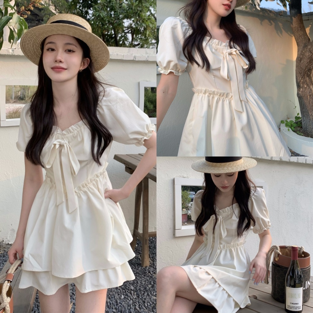 Blossom Closet💕ชุดเดรสสไตล์เกาหลี แขนพอง เอวยางยืด สีพื้น ทรงสั้น สไตล์หวานๆ