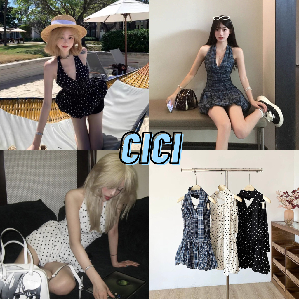 ส่งทันที Cici(NO. J2179) มินิเดรสคล้องลายจุด/ลายตารางคอวี สม็อคเอวทรงบอลลูนด้านบนคล้องกระดุม แถมผ้าคล้องคอ