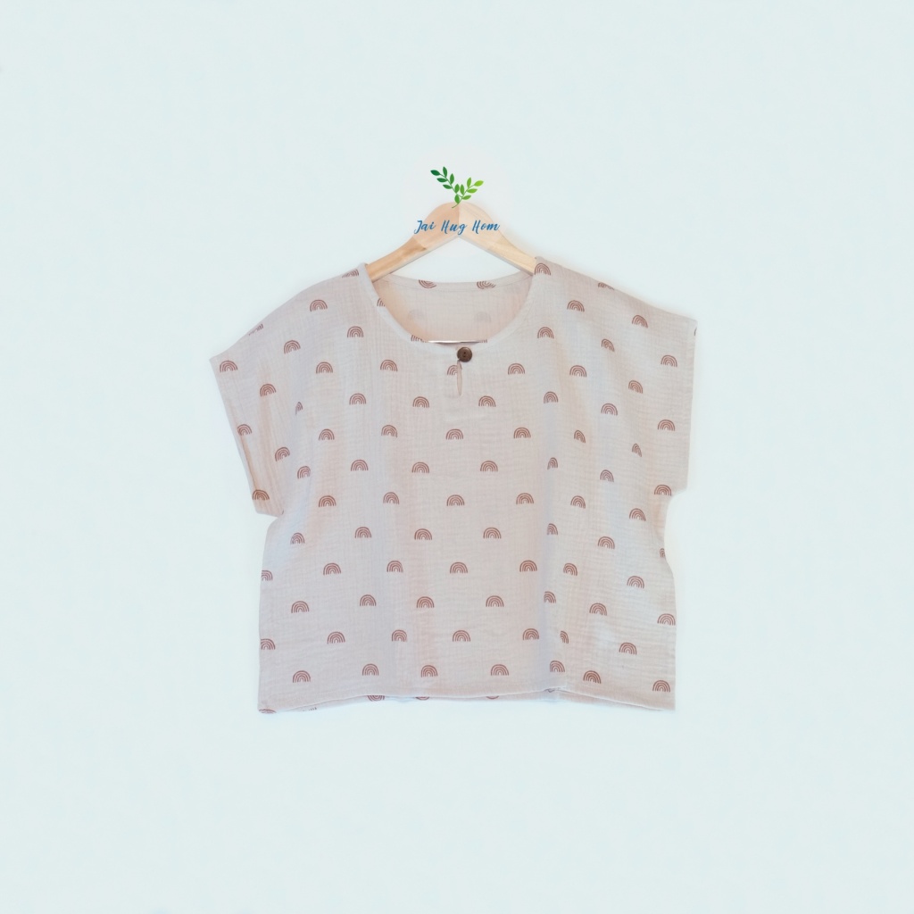 เสื้อคอกลม แขนเลย เนื้อผ้าฝ้ายสาลู 2 ชั้น อัดย่น พิมพ์ลายน่ารัก